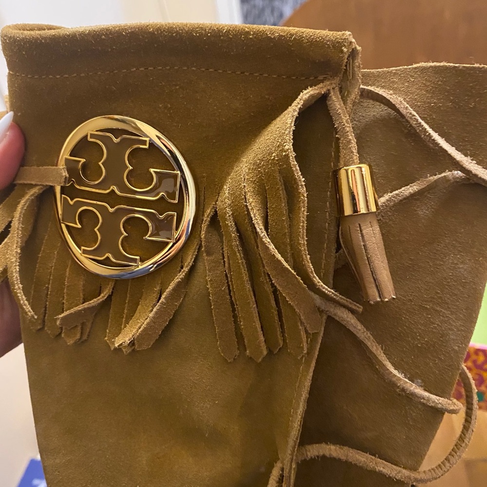 Tory Burch Suede Camel Moccasin Lace up Boots - Picture 3 of 16